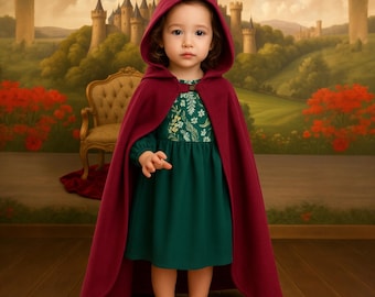 Disfraz medieval para niña - Vestido renacentista para niña - Vestido de gnomo nórdico del bosque - Disfraz de Halloween - Vestido de la Feria del Renacimiento - Capa roja