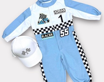 Traje de cumpleaños Fast One - Conjunto de cumpleaños de coche de carreras para niños pequeños - Mono de carreras para niños - Disfraz de corredor azul