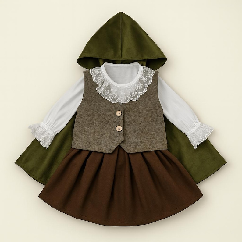 May include: A child's costume set comprising a green hooded cape, a brown waistcoat with two buttons, a white blouse with lace trim, and a brown skirt. The outfit is designed for a child.