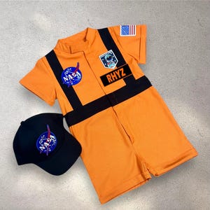 Personalized Orange Short Astronaut Costume  - Baby Space Jumpsuit - Toddler Space Themed Birthday Party - Halloween Space Suit