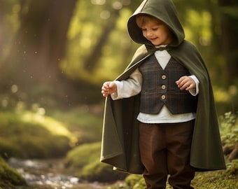 Traje medieval para niños pequeños - Traje de portador de anillos para bebé - Capa verde - Disfraz de Halloween