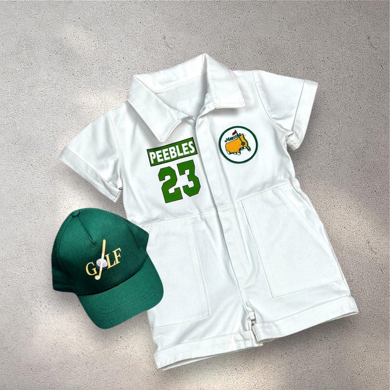 Personalized Golf Caddy Jumpsuit for Kids - White Toddler Golf Outfit - Baby Golf Sports Costume - Masters 1st Birthday - Halloween Costume