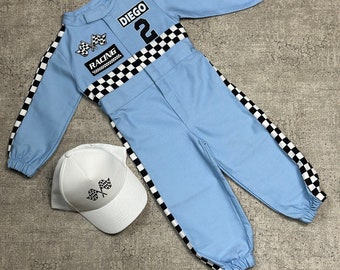 Adorable Long Sleeves Baby Blue Racing Suit - Custom 1st Birthday Outfit - Personalized Unisex Costume - Halloween, Christmas