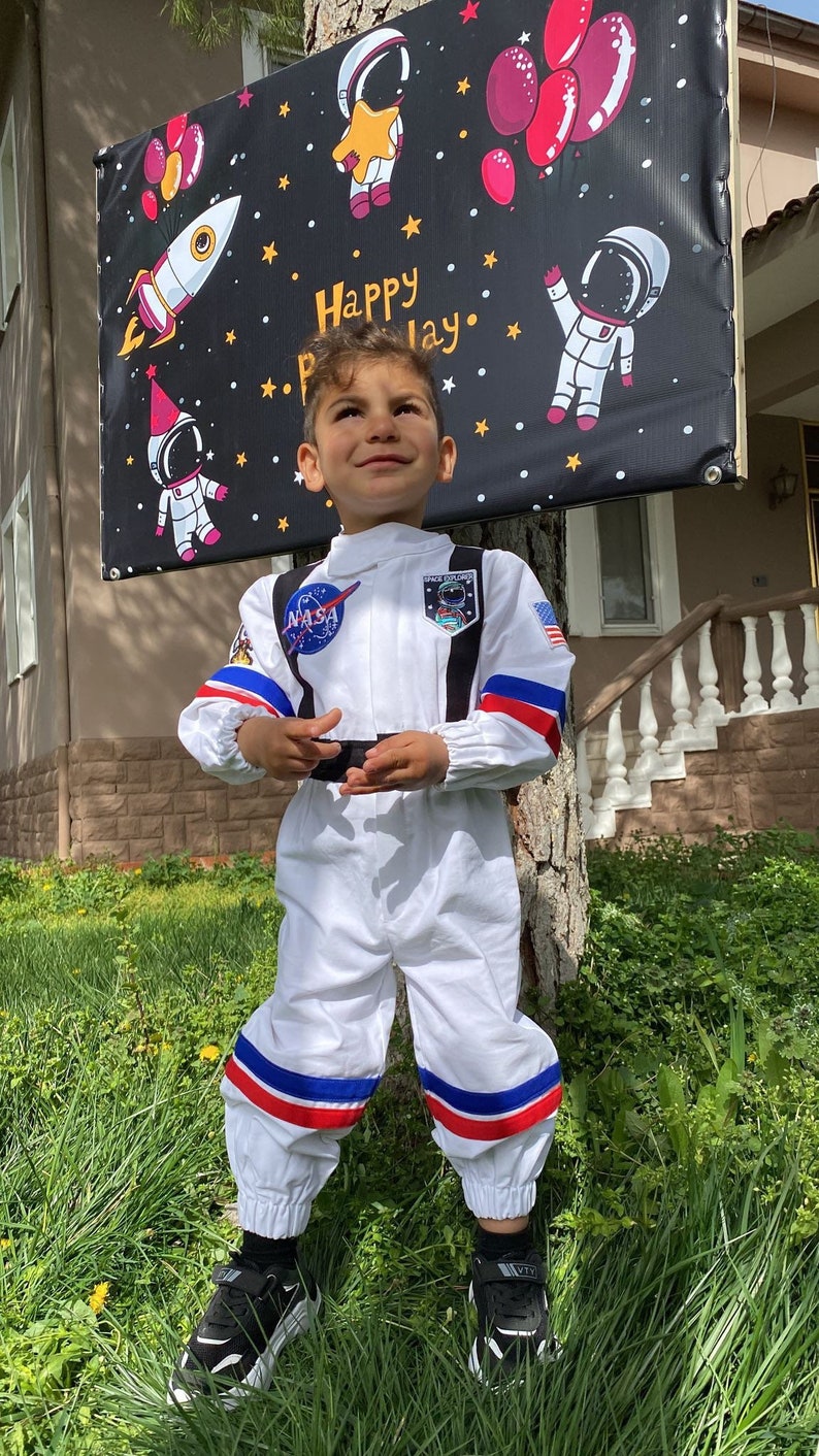 Personalized White Long Astronaut Kids Costume Space Baby Jumpsuit Toddler Space Themed Birthday Party Suit Astronaut Themed Outfit image 3