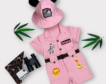 Rosa Safari Outfit für Mädchen, personalisiertes Wildes Geburtstagskostüm, Baby Girl Safari Anzug, 1. Geburtstag Outfit