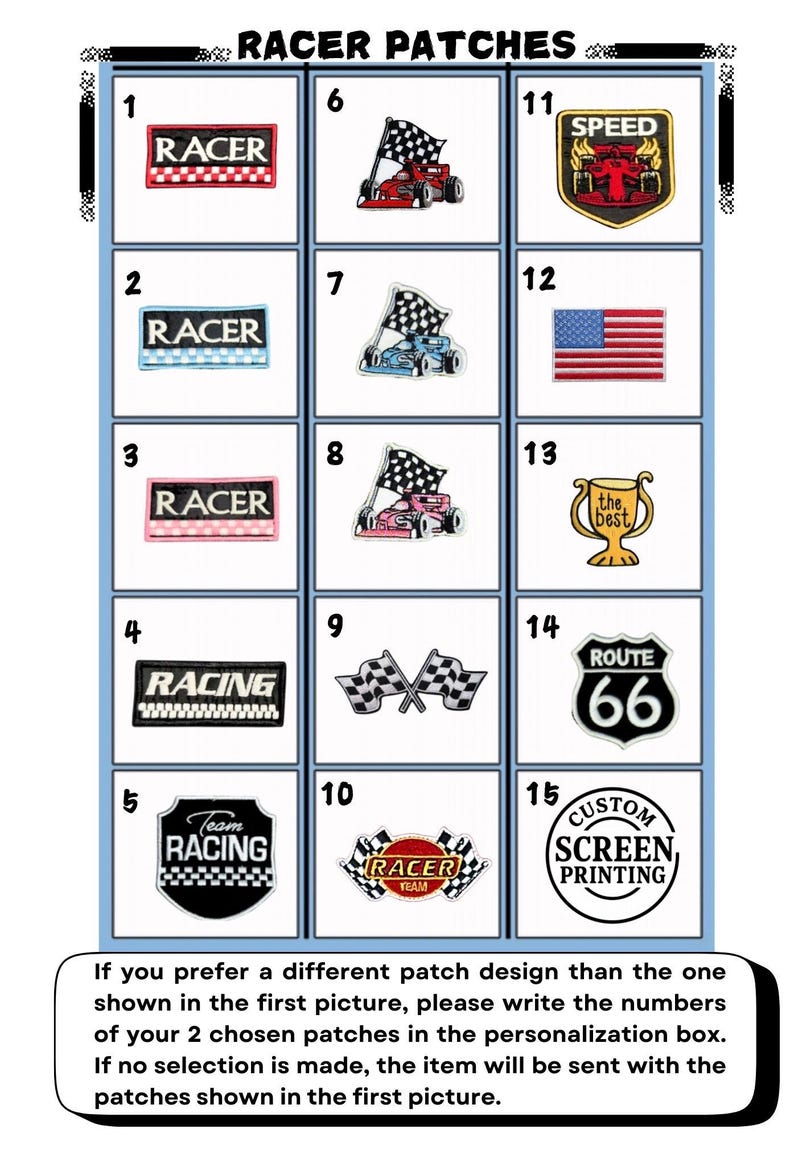 Op de afbeelding: Een raster van vijftien geborduurde patches genummerd van &eacute;&eacute;n tot vijftien. De ontwerpen bevatten raceauto's, geblokte vlaggen, de Amerikaanse vlag, een trofee met de tekst the best, een Route 66-bord en tekstpatches met RACER, RACING en CUSTOM SCREEN PRINTING.