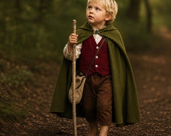 Traje medieval para niño pequeño - Traje de bebé portador de anillos - Capa verde - Disfraz de Halloween y Feria del Renacimiento