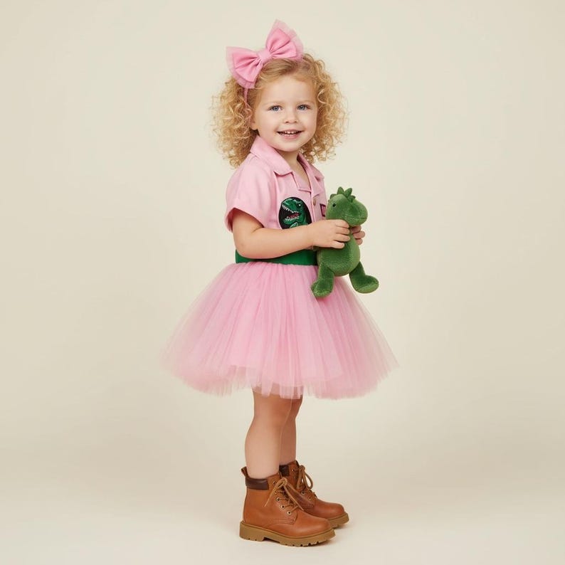 May include: A young child wearing a pink outfit, including a short-sleeved collared shirt with a dinosaur patch, a tutu skirt, and a bow. The child is holding a green stuffed dinosaur and wearing brown boots.