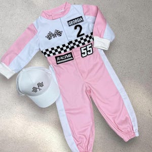 Personalized Pink Racer Girl Costume - Checkered Racing Outfit for Toddlers - Race Car Driver Outfit - Fast One Birthday Suit