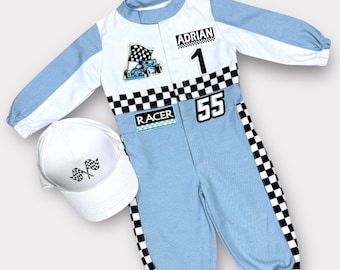Personalized Blue Racer Long Jumpsuit - Two Fast Birthday Custom Race Outfit - Halloween Costumes - Drag Race -1st Birthday Racer Car Outfit