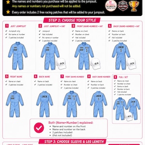 May include: A race day style guide for light blue jumpsuits featuring nine customization options. The chart displays various combinations of jumpsuits, hats, and personalized name and number placements, along with sleeve and leg length choices.