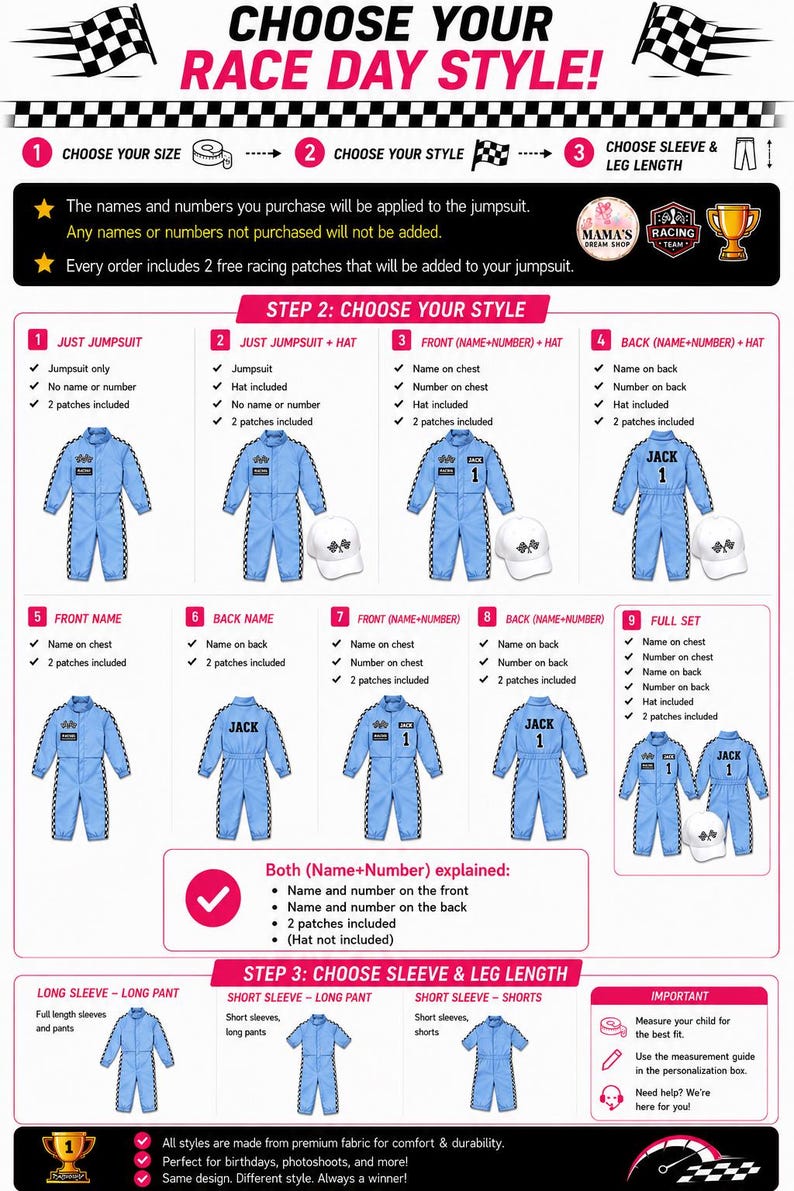 May include: A race day style guide for light blue jumpsuits featuring nine customization options. The chart displays various combinations of jumpsuits, hats, and personalized name and number placements, along with sleeve and leg length choices.