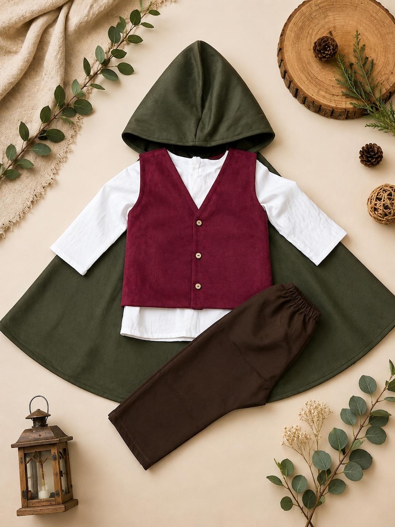 Puede incluir: Un conjunto compuesto por una capa con capucha de color verde oscuro, una camisa blanca de manga larga, un chaleco burdeos con tres botones claros y pantalones de color marr&oacute;n oscuro. Las prendas est&aacute;n dispuestas planas, mostrando el conjunto.
