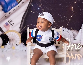 Personalized White Short Astronaut Kids Costume Space Baby Jumpsuit Toddler Space Themed Birthday Party Suit Astronaut Themed Halloween Suit