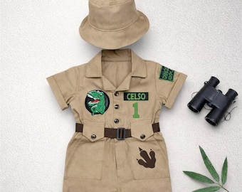 Costume da dinosauro T-Rex personalizzato per bambini piccoli, completo per il compleanno a tema safari per bambini, tuta da safari per bambini