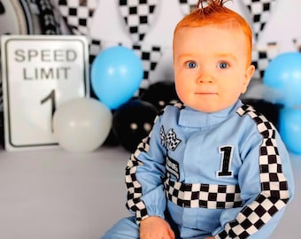Fast One Birthday Suit - Blue Race Car Birthday Toddler Outfit - Kids Racing Jumpsuit