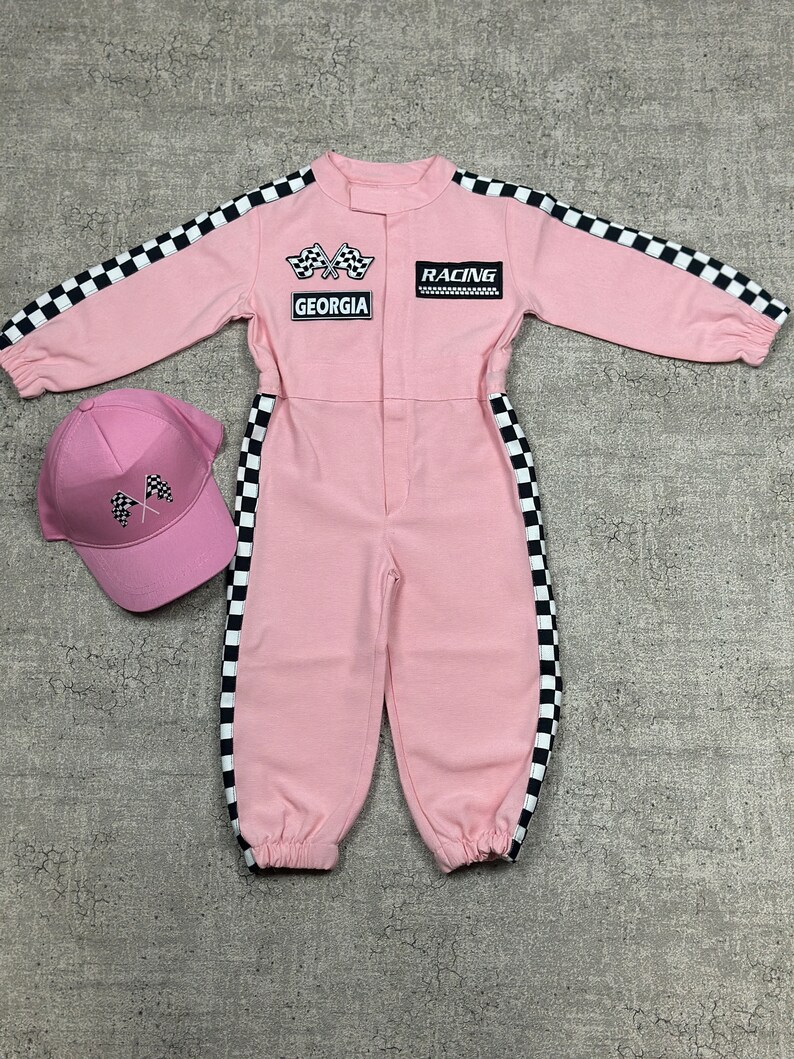 Personalized Pink Racer Long Sleeve Jumpsuit Two Fast Birthday Suit Baby Race Outfit Toddler Race Car Costume Halloween Costumes 画像 7