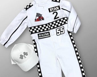 Personalized White Racer Suit - Fast One Birthday - Kids Racing Jumpsuit - Toddler Race Car Outfit