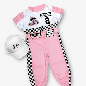 Personalized Pink Race Car Driver Outfit - Two Fast Birthday Suit - Halloween Costume - Pit Crew Birthday - Baby Go Karting Suit