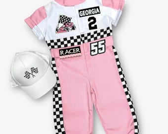 Fast One Birthday Suit - Race Car Birthday Toddler Outfit - Kids Racing Jumpsuit - Pink Racer