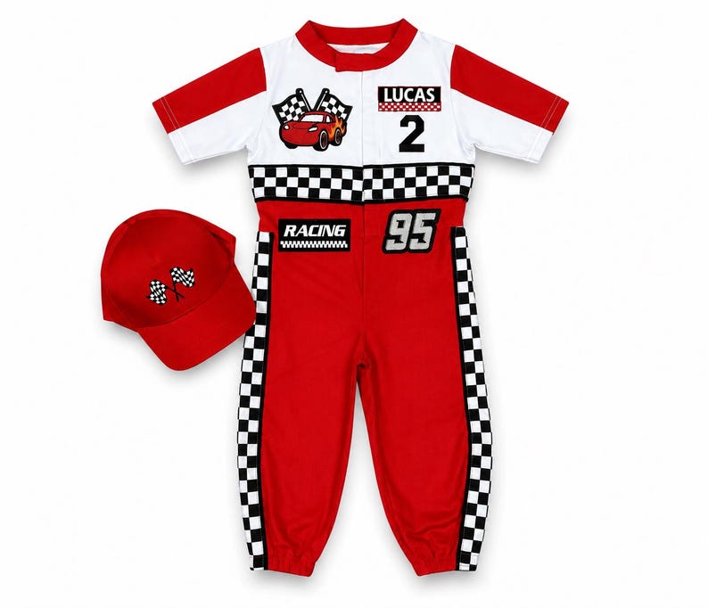 May include: A red and white racing-themed jumpsuit with short sleeves, featuring a checkered pattern, the name LUCAS, the number 2, the number 95, and the word RACING. A matching red baseball cap with two crossed checkered flags is included.