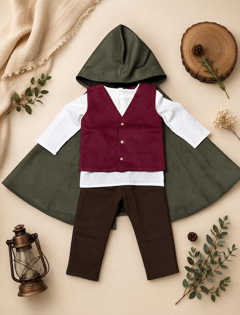 Puede incluir: Un conjunto de disfraz que incluye una capa con capucha de color verde oliva oscuro, una camisa blanca de manga larga, un chaleco burdeos con tres botones claros y pantalones de color marr&oacute;n oscuro. El conjunto se muestra extendido.