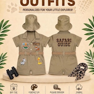 May include: Custom safari outfits for children, featuring a khaki jumpsuit, hat, and scarf. The front of the jumpsuit has a name patch and animal patches. The back says "Safari Guide". Includes binoculars.