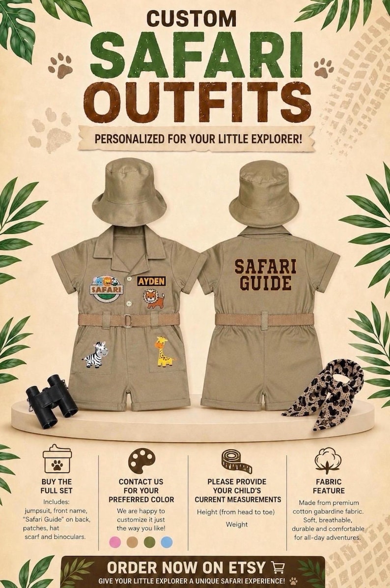 May include: Custom safari outfits for children, featuring a khaki jumpsuit, hat, and scarf. The front of the jumpsuit has a name patch and animal patches. The back says "Safari Guide". Includes binoculars.