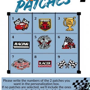 May include: A collection of nine embroidered patches arranged in a grid, featuring racing-themed designs including a red car, a trophy with the text the best, and checkered flags. The patches are numbered one through nine on a light blue background.