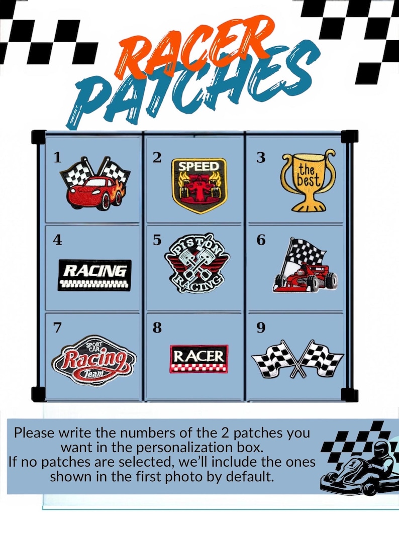 May include: A collection of nine embroidered patches arranged in a grid, featuring racing-themed designs including a red car, a trophy with the text the best, and checkered flags. The patches are numbered one through nine on a light blue background.
