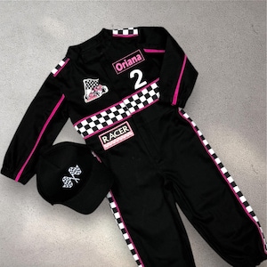 Personalized Pink Racer Jumpsuit for Girls – Custom Race Car Costume – 1st Birthday Outfit – Toddler Racing Suit – Girl Race Theme Party