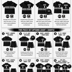 May include: A product selection chart titled CHOOSE THE OPTION THAT BEST FITS YOUR NEEDS! displaying twelve numbered options for black racing shirts and shorts sets, featuring checkered patterns, racing patches, and optional personalization.