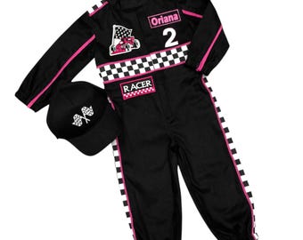 Personalized Pink Racer Suit for Girls – Race Car Costume – Kids Racing Jumpsuit – Two Fast Birthday