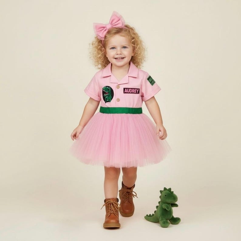 May include: A little girl in a pink outfit with a matching bow, green belt, and tutu skirt. The shirt has the name "Audrey" on it and a dinosaur patch. Brown boots and a green dinosaur plush toy complete the look.