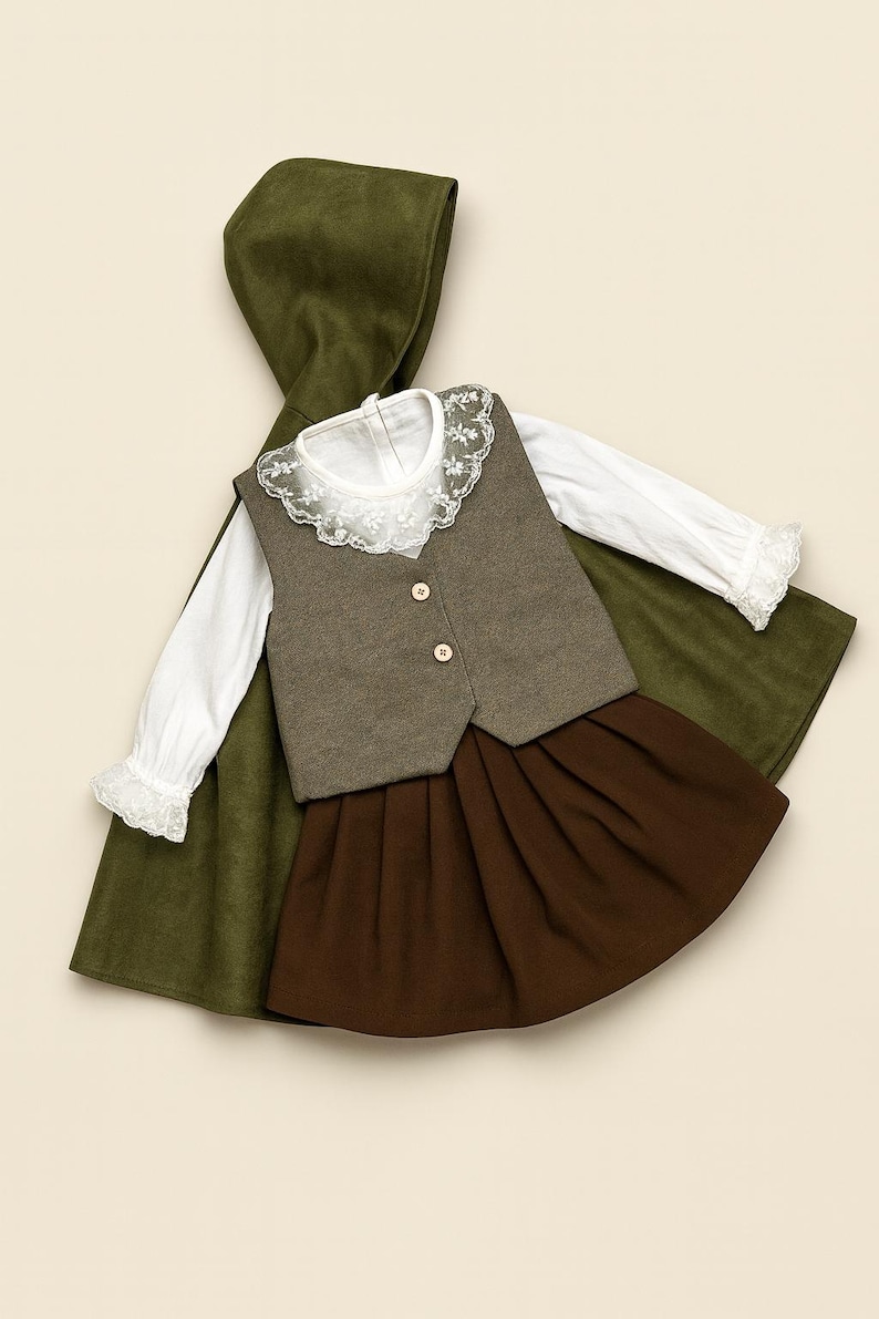 May include: A children's outfit comprising a white blouse with lace trim, a grey waistcoat with two buttons, and a brown pleated skirt. A green hooded cape is draped behind the outfit.