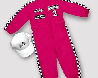 Hot Pink Girls Race Car Costume - Two Fast Birthday Outfit - Kids Racing Jumpsuit - Halloween Costume - Baby Girl 1st Birthday Gift