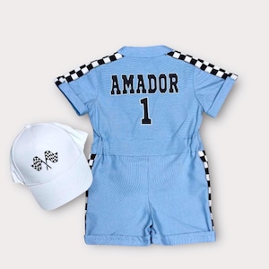 Personalized Blue Racer Suit - Fast One Birthday - Kids Racing Jumpsuit - Toddler Race Car Outfit - Halloween Costume image 3