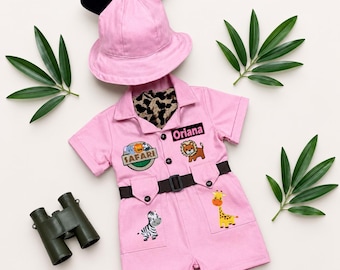 Personalized Pink Safari Outfit for Baby Girl, Wild One Birthday Costume, Toddler Safari Jumpsuit