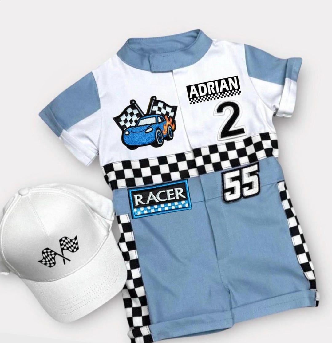 Personalized Blue Racer Suit - Fast One Birthday - Kids Racing Jumpsuit ...