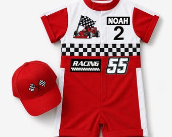Traje de cumpleaños Fast One - Conjunto de cumpleaños de coche de carreras para bebé - Mono de carreras personalizado para bebé