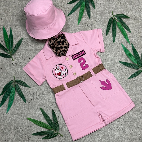 Fancy Pink Dinosaur Concept Safari Costume for Adventurer Kids - Two-Rex Birthday Party - Halloween Costume - Dinosaur Birthday Baby Outfit