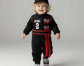 Black Race Car Birthday Toddler Costume - Kids Racing Jumpsuit - Fast One Birthday - Baby Boy Gift