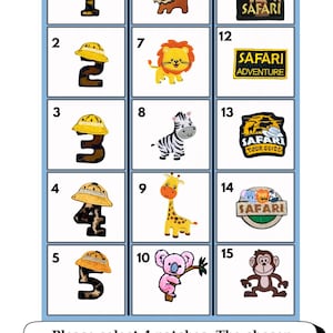 May include: A collection of 15 safari-themed iron-on patches, each in a square frame. The patches feature various animals like lions, zebras, and giraffes, along with numbers 1-5 and safari-related text. The text reads: "Safari Adventure" and "Safari Tour Guide".