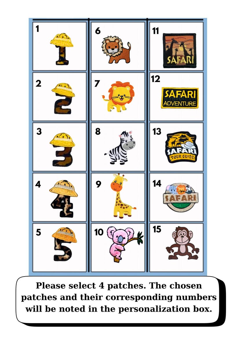 May include: A collection of 15 safari-themed iron-on patches, each in a square frame. The patches feature various animals like lions, zebras, and giraffes, along with numbers 1-5 and safari-related text. The text reads: "Safari Adventure" and "Safari Tour Guide".