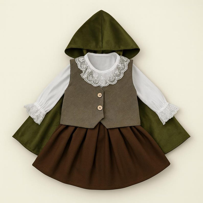 May include: A child's costume set comprising a green hooded cape, a brown waistcoat with two buttons, a white blouse with lace trim, and a brown skirt. The outfit is designed for a child.