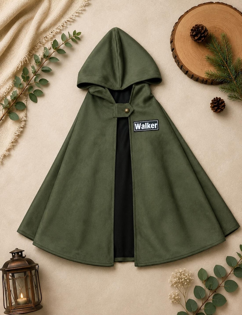 Puede incluir: Una capa con capucha de color verde oliva con forro interior negro. La prenda cuenta con un cierre de bot&oacute;n de color lat&oacute;n en el cuello y un parche rectangular negro en el pecho con el texto blanco Walker impreso en una fuente sans-serif.