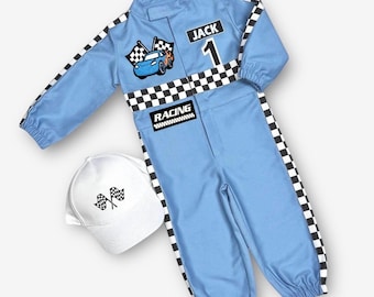 Traje de cumpleaños Fast One - Conjunto de cumpleaños azul con diseño de coche de carreras para niños pequeños - Mono de carreras para niños