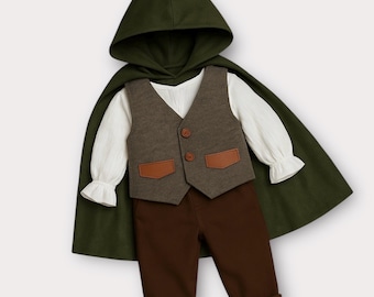 Disfraz medieval para niño pequeño - Traje de bebé portador de anillos - Capa verde bosque - Cosplay de Halloween