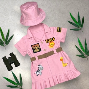Vestido Safari Rosa Infantil – Roupa de Aniversário Wild One - Fantasia de Exploradora Safari para Meninas - Fantasia de Halloween - Fantasia Safari para Bebê