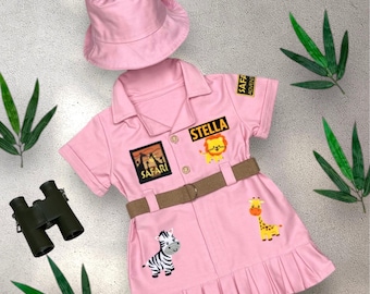 Personalized Pink Safari Dress for Girls, Wild One Birthday Outfit, Toddler Safari Costume